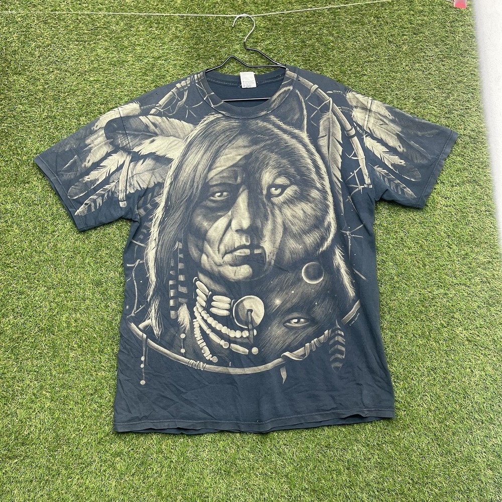 Vintage Liquid Blue Native American Wolf Shirt Mens XL Black 90s AOP Grunge y2k